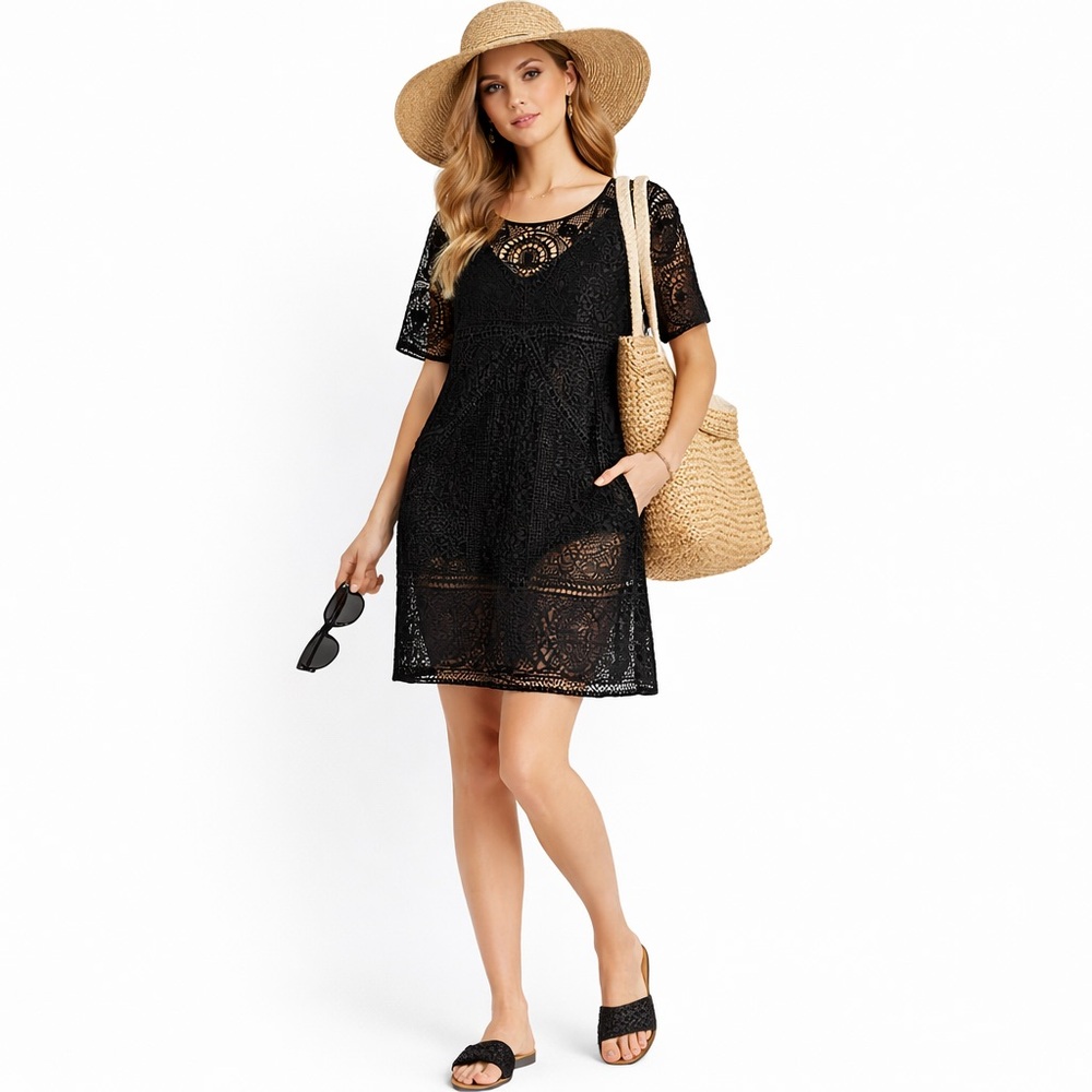 Yest Black Crochet Lace Swim Cover Up Tunic Size Large Boho Beach